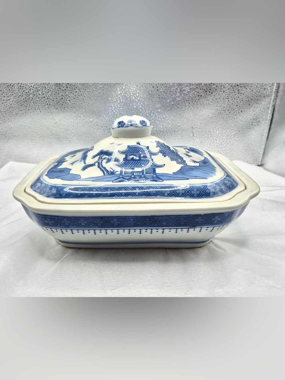 Vintage Chinese Serving Dish with Lid - Canton Blue & White Oriental Landscape